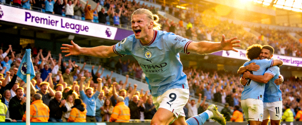 英超哈兰德进球后庆祝的激动时刻